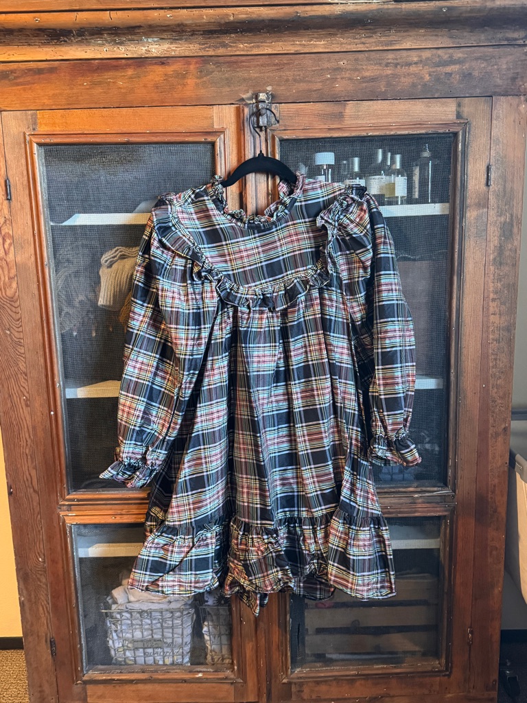 Doen Black Multi Plaid Ruffled Yoke Long-Sleeve Dress